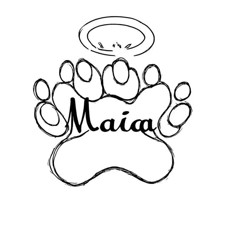 "Maia" Hand-drawn heart-shaped dog’s paw print with a halo above it. The name “Maia” inside the paw print tattoo design idea