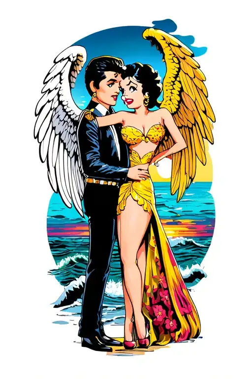 Angel Betty boop and elvis Presley by ocean at sunset background tattoo design idea