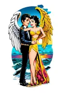 Angel Betty boop and elvis Presley by ocean at sunset background tattoo design idea