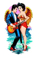 Angel Betty boop and elvis Presley by ocean at sunset background tattoo design idea