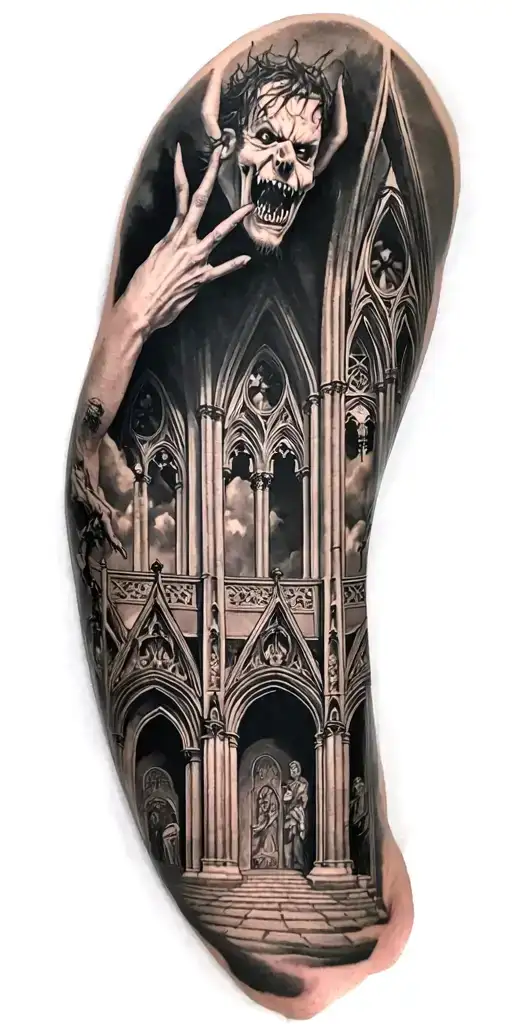 demons trapped in a cathedral realism tattoo design idea