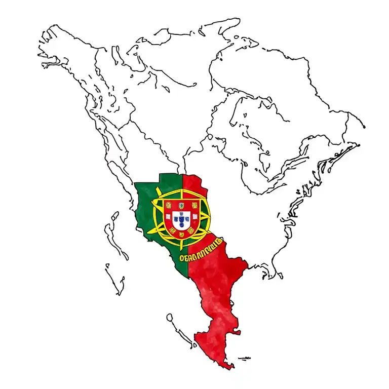 USA and Portugal map contour fusion together, in sketch style. colored with Portugal flag colors in acuarela style tattoo design idea