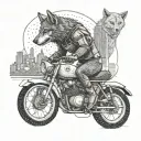 A dotwork tattoo of a wolf wearing a helmet riding a futuristic motorcycle through a city skyline tattoo design idea