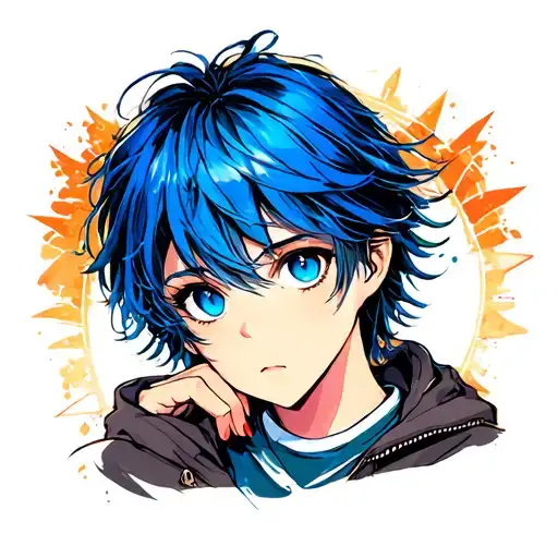 Create an anime-style illustration of a young student with tousled blue hair and striking blue eyes, gazing thoughtfully tattoo design idea