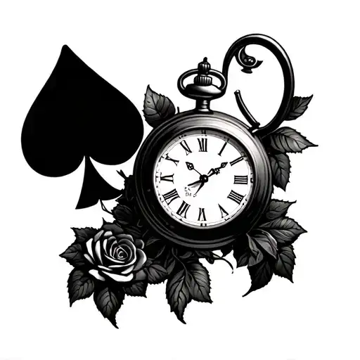 A black and white tattoo that has rose vines growing around an open face pocket watch, an ace of spades and 8 of spades. tattoo design idea