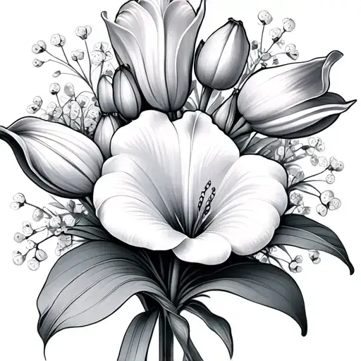 Fine Line, delicate, bouquet of tulip, lily, calla lily and babies breath tattoo design idea