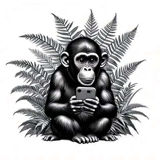 Adolescent monkey surrounded by jungle ferns holding and watching iphone tattoo design idea