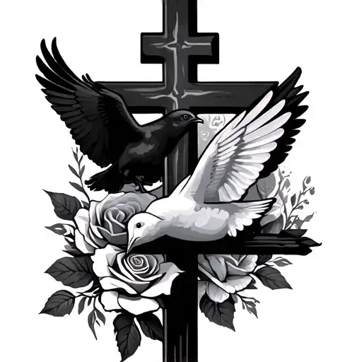 3 crosses ,rose , and 2 dove birds tattoo design idea