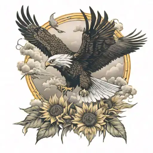 A fierce eagle soaring through the sky with a background of sunflowers and fighter jets tattoo design idea