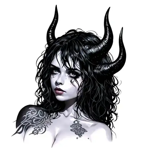 Sexy Pale Girl, Petite, Big Boobs, Wide Hips, naked. Messy Hair, Demonic Horns, Sexual.... Tattoo tattoo design idea
