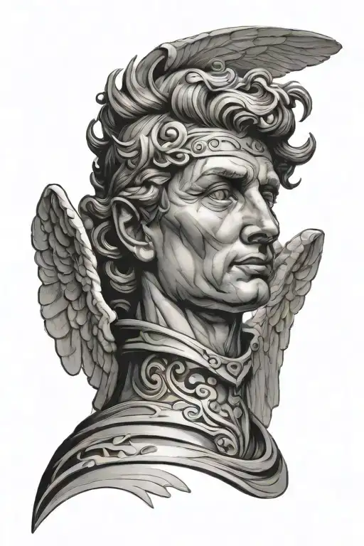 male angel head looking forward coiled tattoo design idea