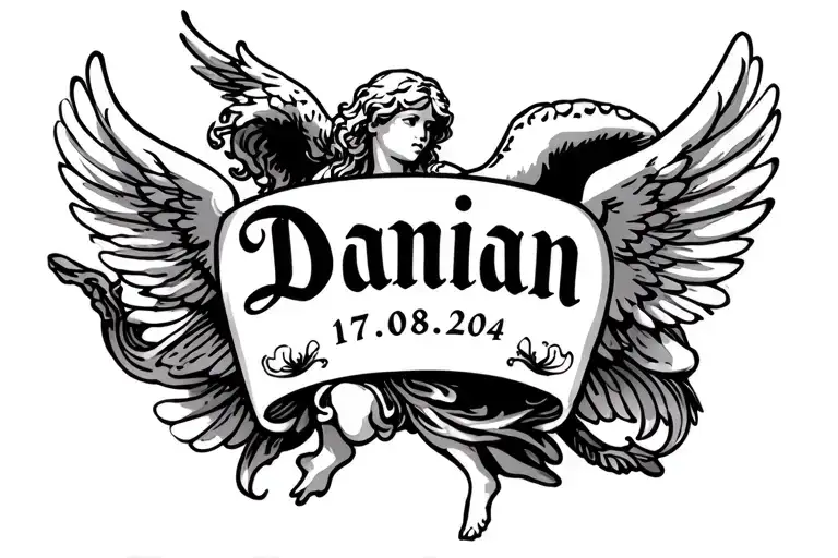 "Damian 17.08.2024" small angel on forearm tattoo tattoo design idea