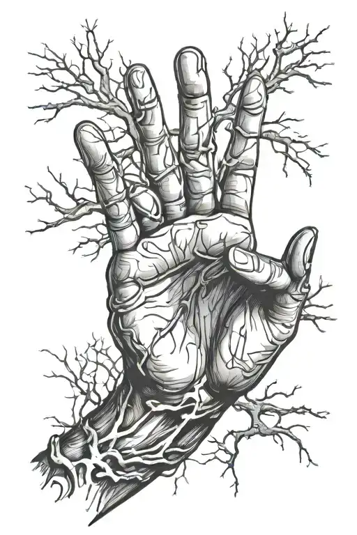 The hand shows a rock gesture, dry branches are burning around it. tattoo design idea