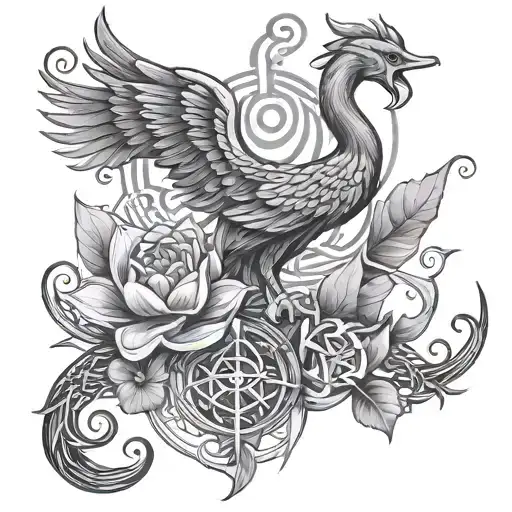 Phoenix and Anchor and Celtic Knots Lotus flower tattoo design idea