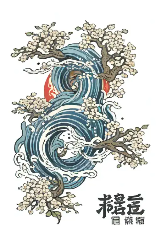 Japanese fire, wind, earth, water element with sakura flowers tattoo design idea