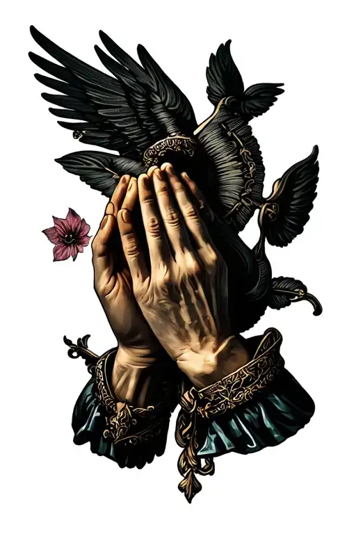 1985 and gonzalez in old english. praying hands tattoo design idea