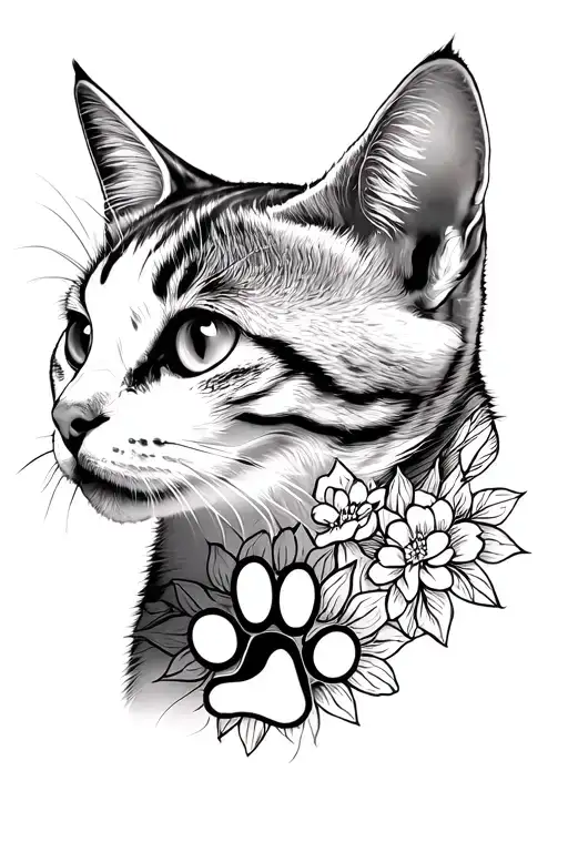 cat's face in profile surrounded by a floral pattern with a paw print tattoo design idea