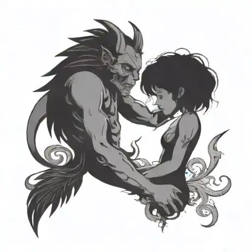 a siloutte of a girl comforting a shadow demon tattoo design idea