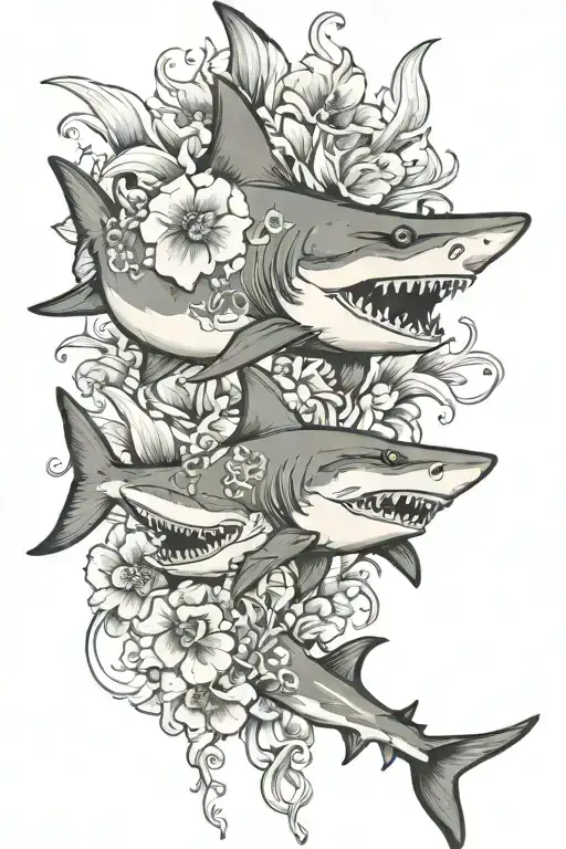 shark with black orchid flowers tattoo design idea
