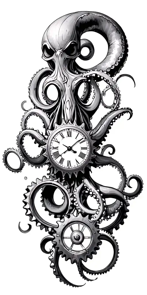 octopus warrior compas clock cog wheels connected tattoo design idea