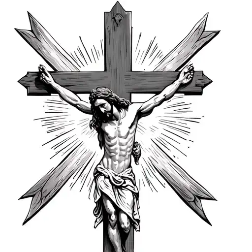 Draw a tattoo of Jesus on the cross line work with pointed triangle cross tips.  tattoo design idea