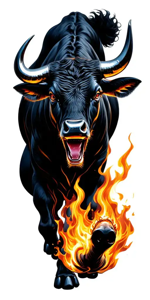 "BIGDADDY KOOP" realistic muscular black bull with chrome horns charging on fire with red eyes tattoo design idea