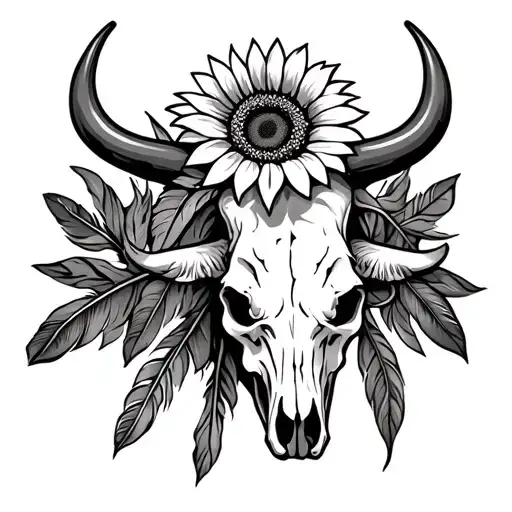 Medium tattoo with black& gray style with a bull skull 3 feathers & a sunflower on top with this bible versePhilippians  tattoo design idea
