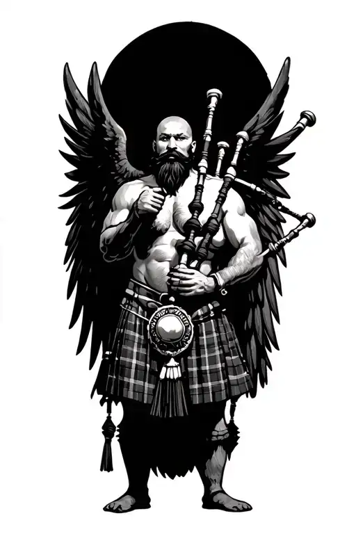 no legs shirtless muscular bagpiper bald black beard playing bagpipes hoge black wings tattoo design idea