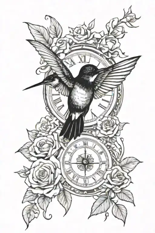hummingbird Rose old clock compass rose tattoo design idea