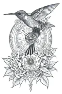 hummingbird Rose old clock compass rose tattoo design idea