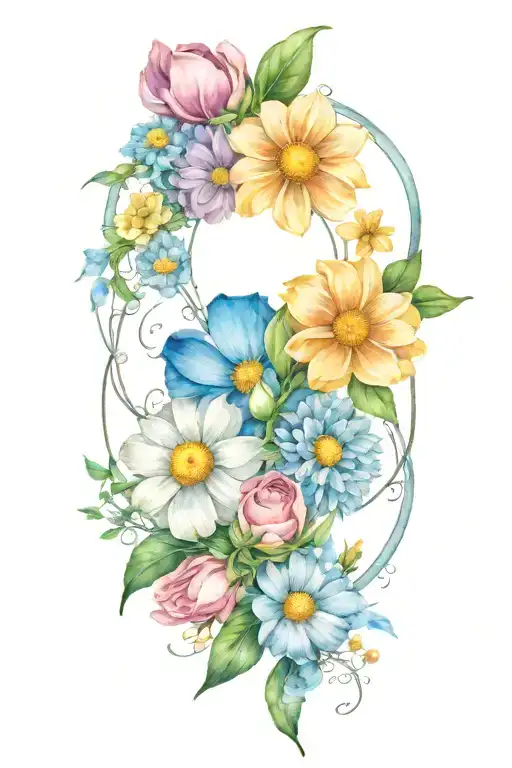 An intricate tattoo of a boquet of roses, daisys, and cosmos flowers intertwined with the three moon phases tattoo design idea