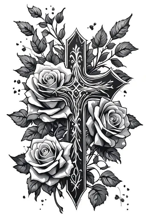 negative cross with roses  tattoo design idea