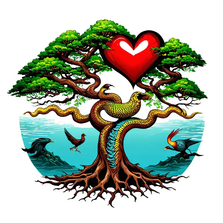 tree of life, love heart in roots, charkras up trunk, snake weaving around charkras, phoenix rising out of ashs at base  tattoo design idea