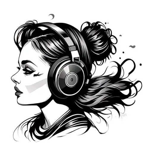 beautiful woman wearing dj headphones listening tattoo design idea