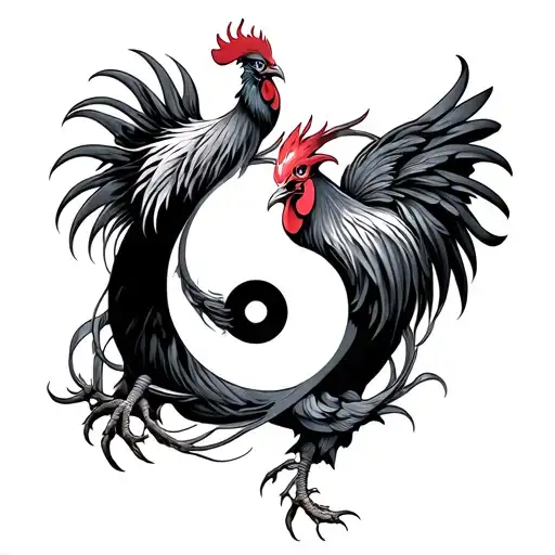 2 fighting rooster circling ying yang symbol intertwined tattoo design idea