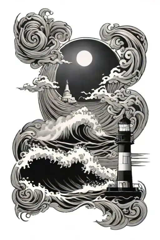 lighthouse waves crashing, with saild boat sailing, lighting god tattoo design idea