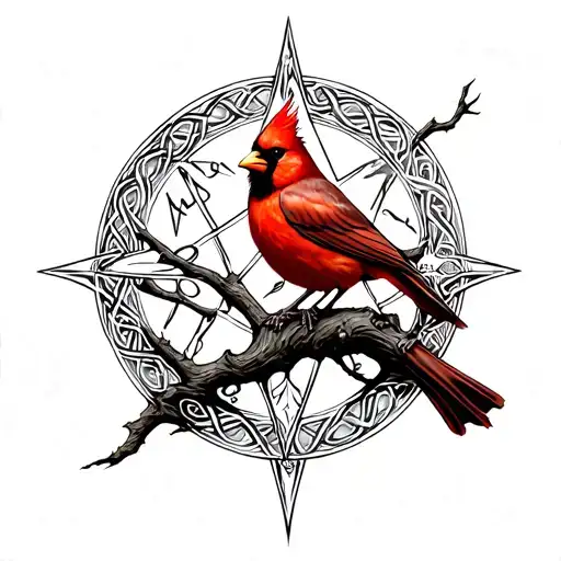 Red cardinal perched on a Celtic tree of life with Viking compass markings tattoo design idea