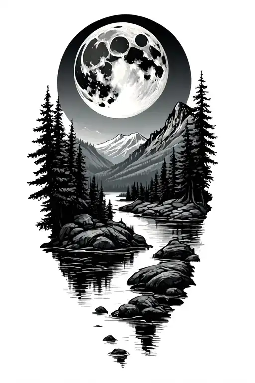 Moon over looking mountain forest and river tattoo design idea
