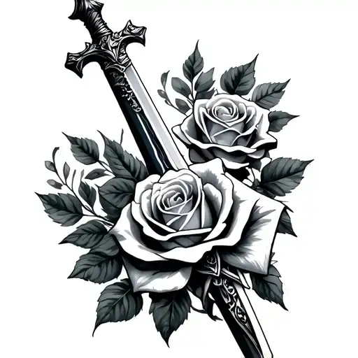 cross with rose and Brocken sword wrapped tattoo design idea