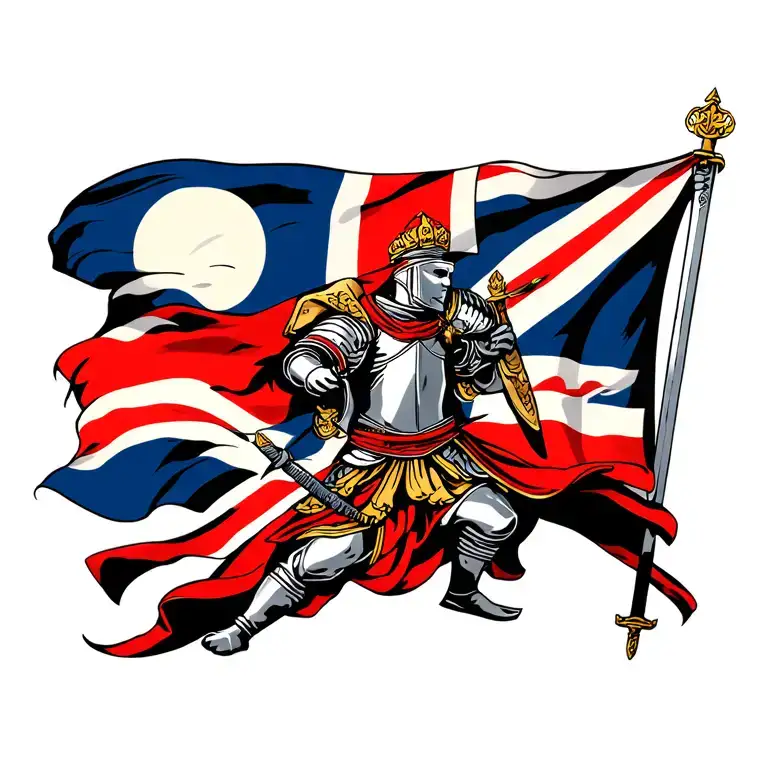 English flag waving with Knight holding a Sword tattoo design idea