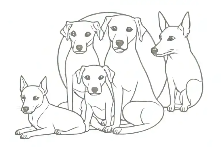 Three dogs together, one of them a pincher breed, another with a spot on the eye, all three symbolizing that they are angels tattoo design idea