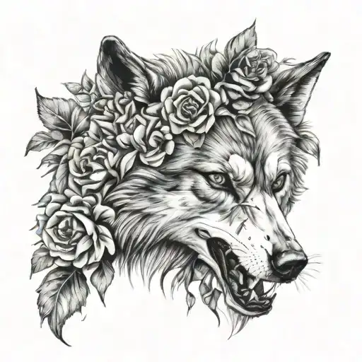 half wolf head and half wolf skull black flowers tattoo design idea