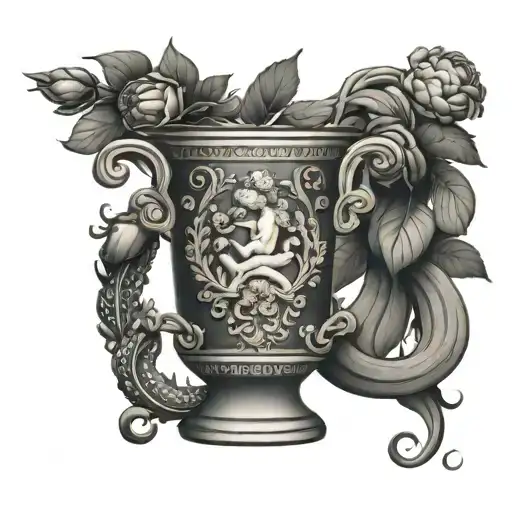 large greek vase with peonies flowers coming out top, large, delicate on the back medusa on it or snakes on the vase tattoo design idea
