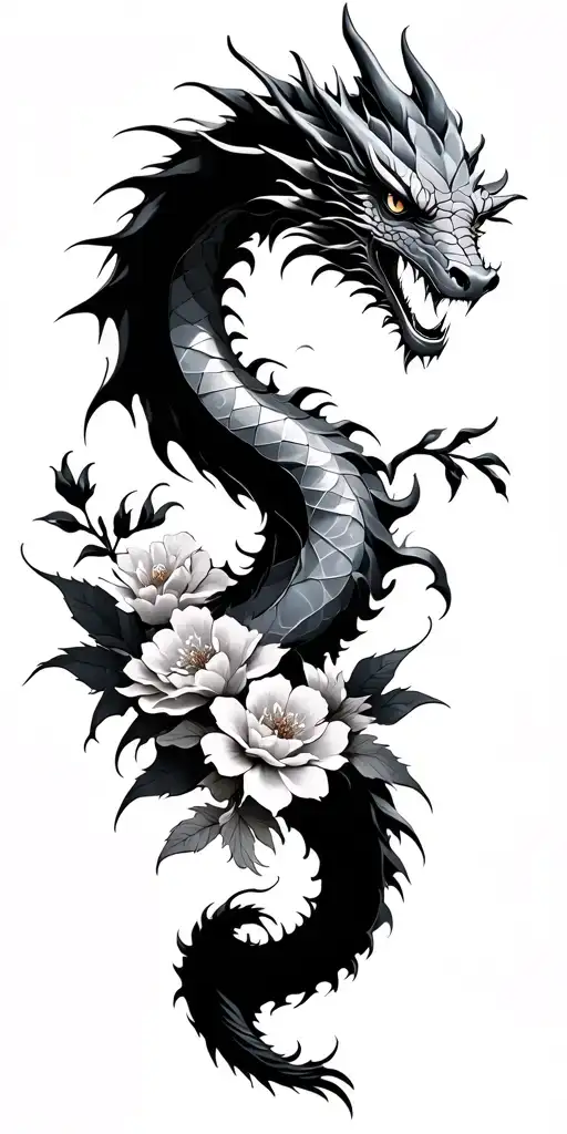dragon with tail wraping arroud bicep and wrist, Japanese flowers, and tribal geometeic in the negative space.  tattoo design idea
