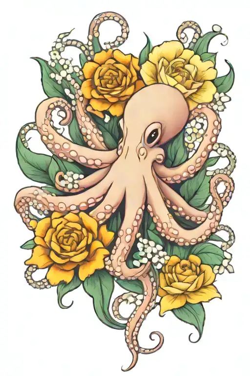 octopus, snowdrop, rose,  marigold flower tattoo design idea