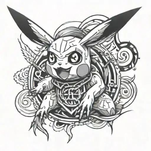 a tattoo in thin black lines that represents a Pikachu in psychedelic mode, 6 arms like Shiva, the pupils di tattoo design idea