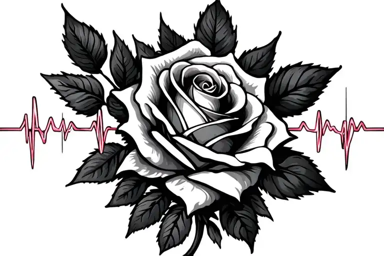 rose and heartbeat line intertwined tattoo design idea