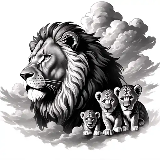 lion her cubs and clouds god tattoo design idea