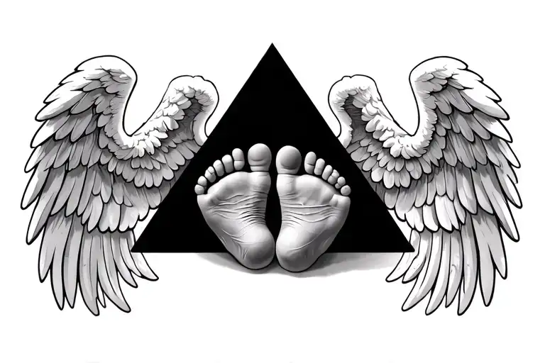 angel wings with baby feet on the inside triangle tattoo design idea