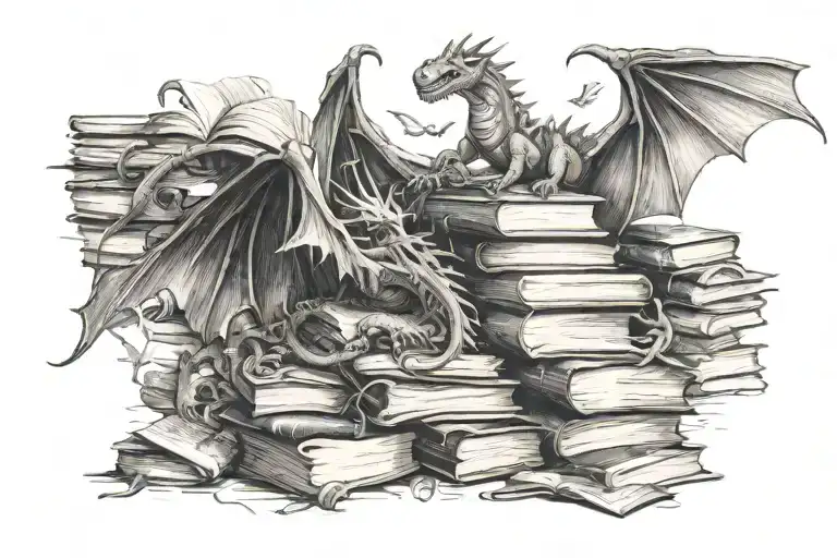 pile of books in differing sizes, whimsical, fantastical fantasy creatures flying around the book pile, like dragons and tattoo design idea
